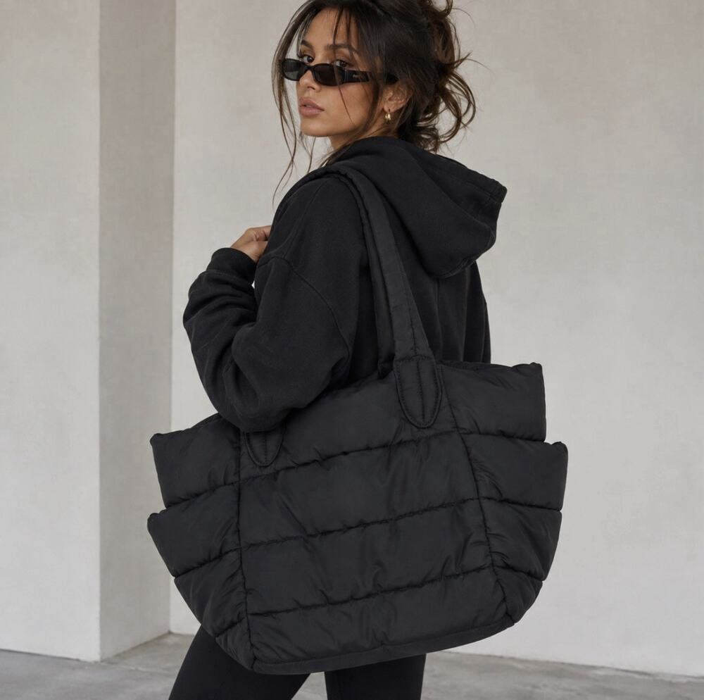 Banana Republic Puffer Puffy Tote Bag Black Quilted Nylon Leather Fall 2021